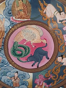 Hub of painting depicting pig snake and bird