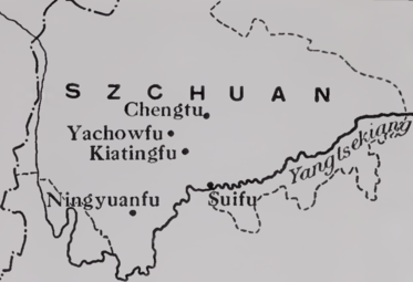 Mapa de Sichuan que muestra las estaciones misioneras bautistas estadounidenses