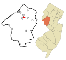 Map of Annandale CDP in Hunterdon County. Inset: Location of Hunterdon County in New Jersey.