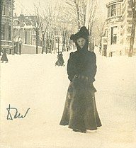 Marjory Clouston on Sherbrooke with Drummond Street leading up to Mount Royal behind her, 1902