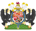Arms of Philip, Prince of Asturias at his investiture, encircled by the Garter (in 1554)