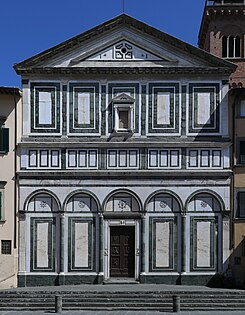 The Collegiate Church, Empoli, Italy, represents a screen façade. The polychrome marble decoration divides the façade into zones while giving little indication of the architectural form behind it.