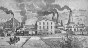 old drawing of big factory with multiple buildings, many smokestacks, and B&O railroad