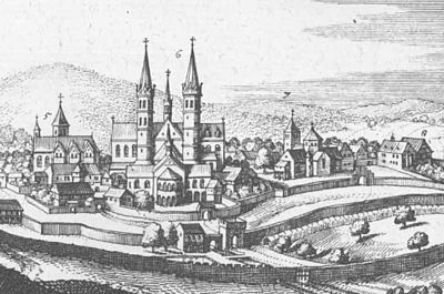 Blick auf das Kloster von Osten, in der Mitte die Ratgar-Basilika (1655)