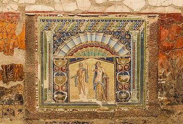 Roman mosaic of Neptune and Amphitrite, c.70 BC, mosaic, Casa di Nettuno e Anfitrite, Herculaneum Archaeological Park, Ercolano, Italy[15]