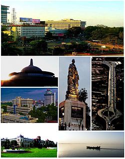 Clockwise from top: Gandhi Maidan Marg, Buddha Smriti Park, Skyline near Biscomaun Bhawan, Patna Museum, Gandhi's statue, Mithapur Over Bridge and river Ganga
