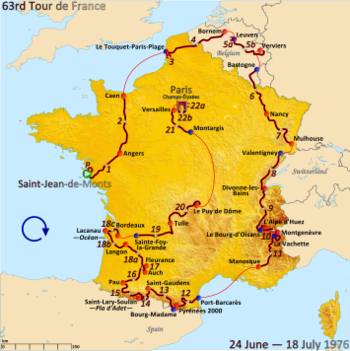 Map of France with the route of the 1976 Tour de France