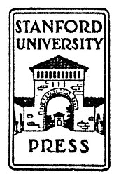 The words "Stanford University Press" superimposed on a line drawing of one of the gates to the main quad