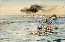 The track of Lusitania. View of casualties and survivors in the water and in lifeboats. Painting by William Lionel Wyllie