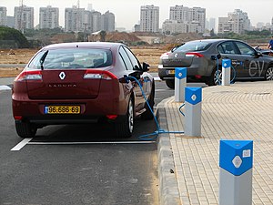 Prototype modified Renault Laguna EVs charging at Project Better Place charging stations in Ramat Hasharon, Israel, north of Tel Aviv