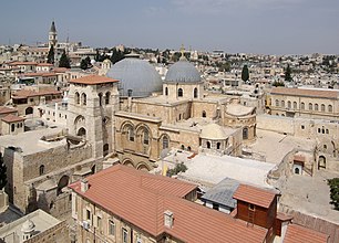 The Church of the Holy Sepulchre, Jerusalem, a major pilgrimage site from the 4th century onwards, its rotunda inspired the construction of many Romanesque circular churches.