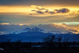 A sunset over Long's Peak as viewed from Windsor, Colorado.