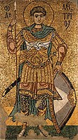 Saint Demetrius of Thessaloniki, 12th century Greek mosaic from Kyiv showing military dress, including the high sash around the ribs, as a badge of rank.