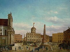 „Старият пазар в Потсдам с поглед към кметството“, картина с маследни бои от Карл Кристиан Вилхелм Барон (1773 г.)
