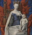 La Virgen de Melun es una pintura al óleo sobre tabla que forma parte del Díptico de Melun elaborado por Jean Fouquet (1420-1481). Destacan los nueve ángeles rojos y azules alrededor de la Virgen, retratada con la piel de marfil, una corona de ricas perlas y piedras preciosas, los senos esféricos y la «cintura de avispa». Se encuentra en el Museo Real de Bellas Artes de Amberes y se considera una obra maestra francesa del siglo XV. Subido por Brandmeister.