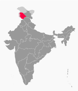 Localização de Jamu e Caxemira na Índia, com as áreas disputadas com o Paquistão (a oeste) e a China (a leste) a cinzento