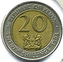 Face of coin showing figure 20 and the coat of arms of Kenya, surrounded by the words REPUBLIC OF KENYA, TWENTY SHILLINGS