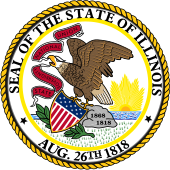 A state seal, with Illinois' name and date of admission to the Union, and an eagle with ribbon in mouth and clutching a Federal shield