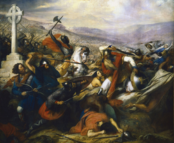 Tableau du XIXe siècle illustrant la bataille de Poitiers (732), symbole d'une opposition entre Occident et Islam mis en valeur par des discours identitaires sur les racines chrétiennes[38].