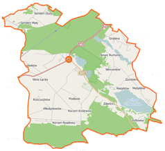 Mapa konturowa gminy Łąck, blisko prawej krawiędzi na dole znajduje się punkt z opisem „Koszelówka”