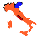 Italy in 1861: orange Kingdom of Italy, blue Kingdom of Lombardy–Venetia (Austrian Empire), red پاپائی ریاستیں.