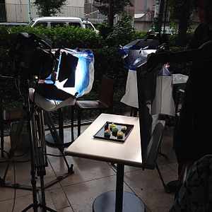 Both transmitting (softbox) and reflecting diffusors are used to light wagashi for a television program