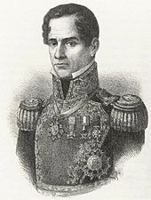 Lithograph depicting the head and shoulders of a middle-aged clean-shaven man wearing an ostentatious military uniform.