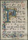 Pagină dintr-un manuscris anluminat gotic: inițiala P și Nașterea Domnului; 1495; cerneală, tempera și aur pe pergament; fiecare pagină: 59,8 x 4,1 cm; Muzeul de Artă din Cleveland