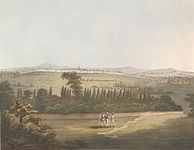 East view of Bangalore, with the cypress garden, from a pagoda, by James Hunter(d. 1792). Bangalore Fort as seen from the East (Cypress Gardens in today's Lalbagh)[45]