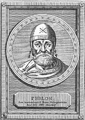 Gravure présentant de face Philon d'Alexandrie coiffé d'un couvre-chef