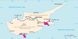 Location of Akrotiri (left) and Dhekelia (right) in pink on Cyprus (pink, grey, and beige)