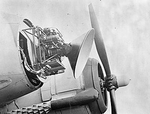 British Mk. VIII, the first microwave air intercept radar, in nose of British fighter.