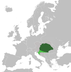 Mbretëria e Hungarisë (e gjelbër e errët) dhe Mbretëria e Kroaci-Sllavonisë (e gjelbër e hapur) brenda Austro-Hungarisë më 1914