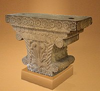 The Pataliputra capital, showing both Achaemenid and Greek influence, with volute, bead and reel, meander and honeysuckle designs. Early Mauryan period, 4th-3rd century BC.