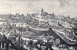 Osada Obora pod Pražským Hradem, kostel svatého Jana Křtitele je v levé části uprostřed (Jiljí Sadeler, 1607)