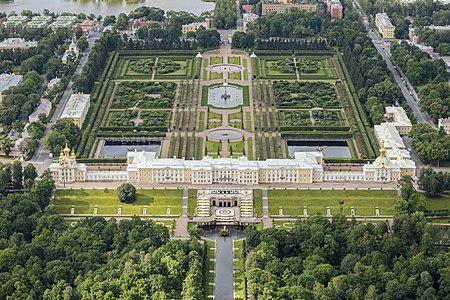 The upper gardens and parterres of Peterhof, now grown up and more natural than their original Baroque appearance