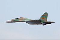 Um caça Su-30MK ugandense, de fabricação russa.