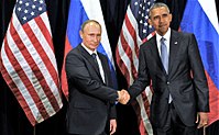 O presidente Vladimir Putin e o presidente Barack Obama encontram-se, na sede das Nações Unidas em Nova Iorque, para negociações sobre a Guerra Civil Síria, a 29 de Setembro de 2015