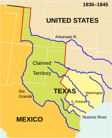 In 1837, the Republic of Texas claimed a large swath of disputed land to its south and west; it bordered the United States and its territories to the north and east.