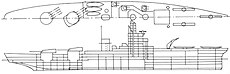 A line drawing of a ship with two stern gun turrets, both on the centerline, and catapults and a crane froward for aircraft