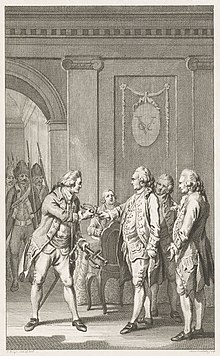 右側の3人の男性が左側の男性に剣を預けている。左奥に武装した兵士が並んでいるのが見える。
