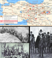 "Top:" The size of the stars show where the active conflicts occurred in 1915 "Left Upper:" Armenians defending the walls of Van in the spring of 1915 "Left Lower:" Armenian Resistance in Urfa "Right:" A seventy-year-old Armenian priest leading Armenians to battle field.