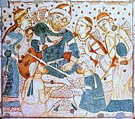 Uživanje, verjetno Baktrijcev, upodobljeno na stropu osrednje dvorane Jame 1 v Adžantskih jamskih svetiščih, Indija, 460–480[10][11][12]