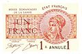 Bancnotă cu valoarea nominală de 1 franc « Mines domaniales de la Sarre » 1919 (avers)