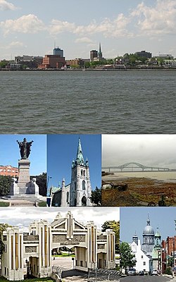 From top, left to right: Downtown Trois-Rivières from the St. Lawrence River, monument to Sacré-Coeur, Trois-Rivières Cathedral, Laviolette Bridge, Pacifique Du Plessis gate, Ursulines monastery