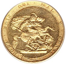Gold coin with Saint George battling the dragon