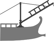 A diagram showing the location and usage of a corvus on a Roman galley.