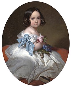 Huile sur toile représentant Charlotte en robe de satin clair.