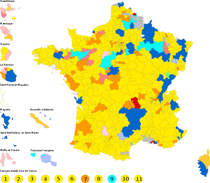 Nuance politique des candidats arrivés en tête dans chaque circonscription au 1er tour.