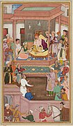 Abu'l-Fazl presenting Akbarnama to Akbar. Mughal miniature.